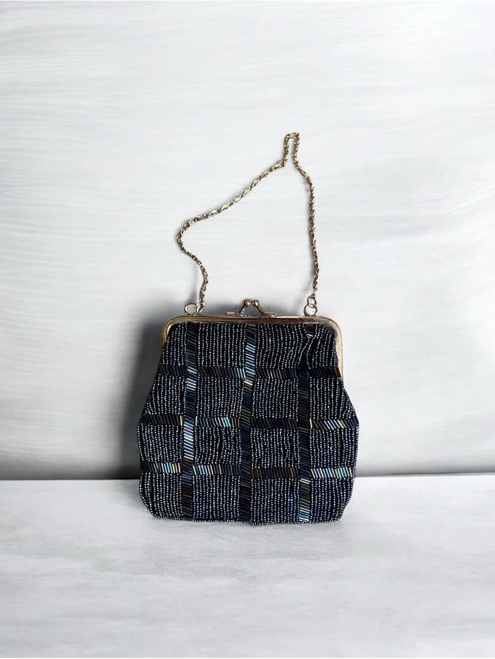 Beaded Black Evening Clutch with Gold Chain